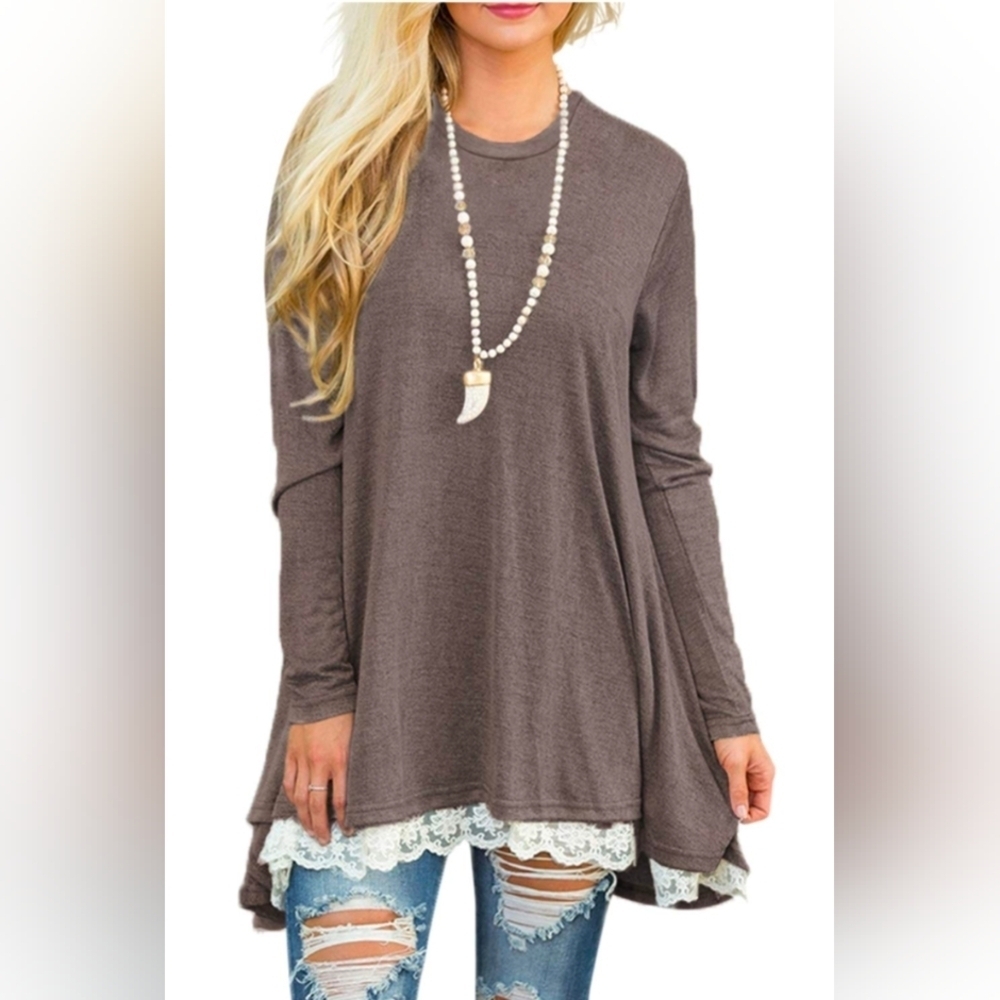 Sanifer Women Lace Long Sleeve Tunic Top Blouse In Coffee Brown NWT - Picture 7 of 7